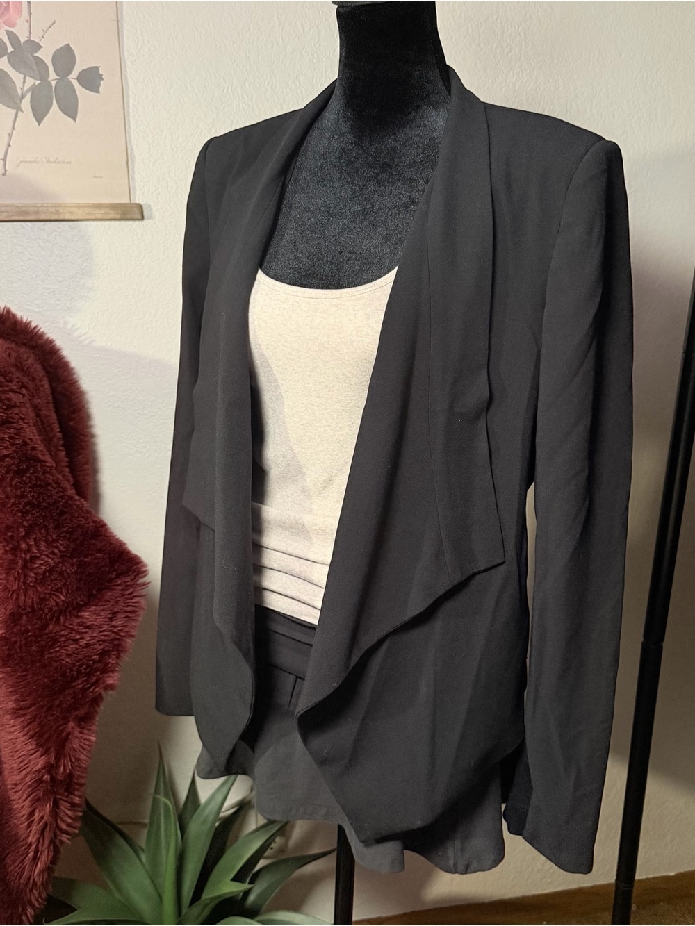 Bcbg Black Draped Ruffle Open-Front Blazer